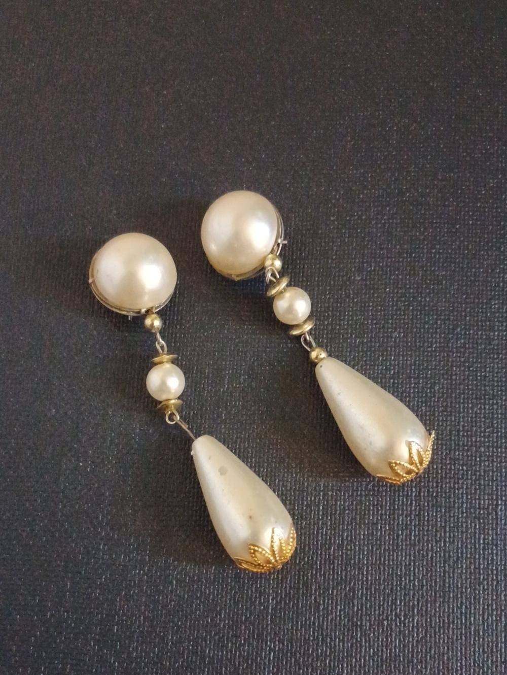 Vintage Gold-tone Drop Dangle Earrings - Cream Faux Pearl with Gold Accents